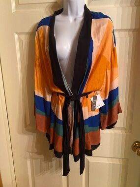 Striped Tie-Waist Kimono Vest in Orange, Blue & Green